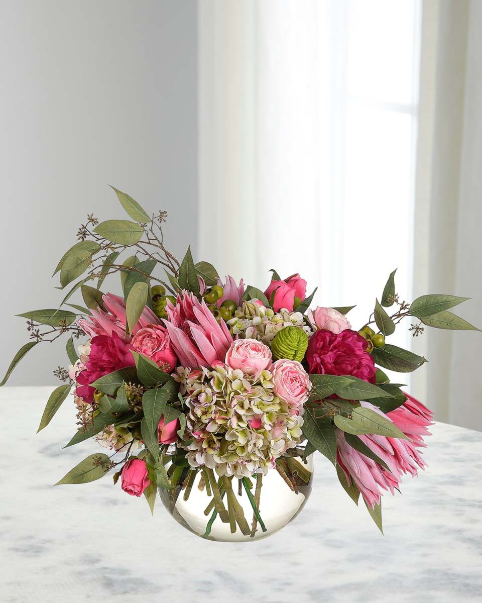 Proteas & Hydrangeas 27" Faux Floral Arrangement in a Glass Bubble